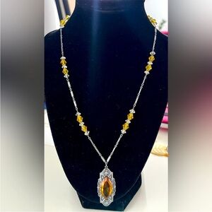 Antique 1920s Art Deco Citrine Glass Filigree Necklace Rhodium Plated